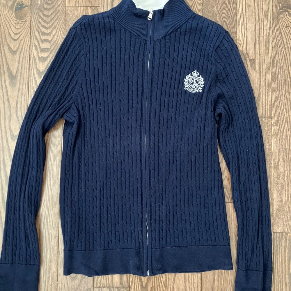 Lauren Ralph Lauren Blue Rib Knit Zip Cardigan
